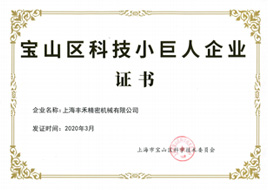 宝山区科技小巨人<br>企业证书2020年